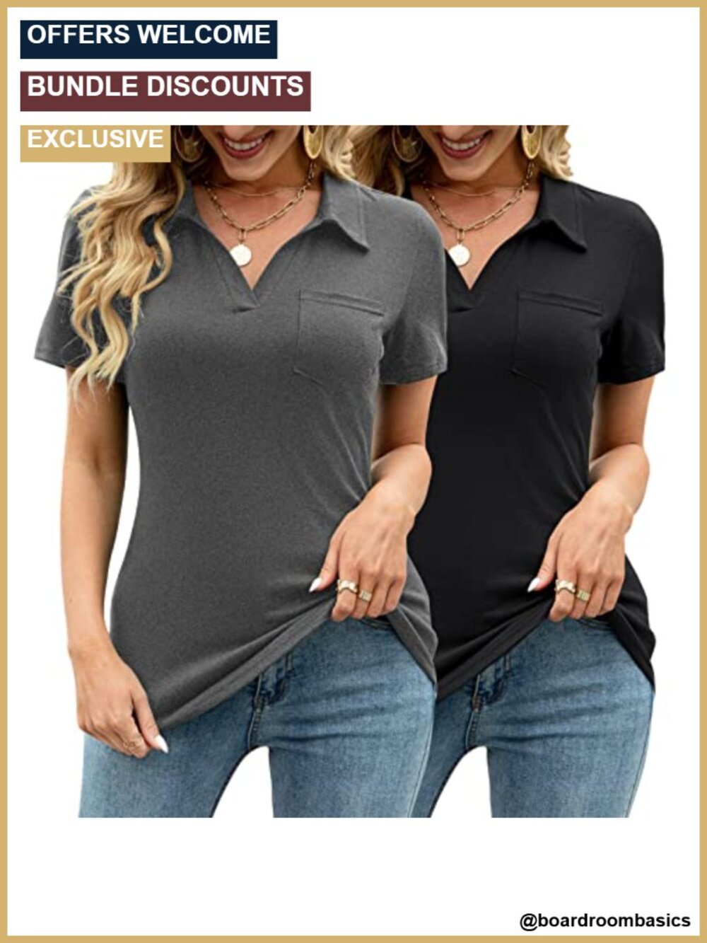 Women's V-Neck Polo Shirt Short Sleeve Collared Tunic Blouse with Pocket Casual